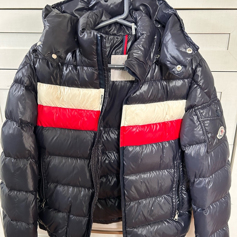 Moncler Kids Puffer Jacket in Navy with Red and White Accents Boys size 14